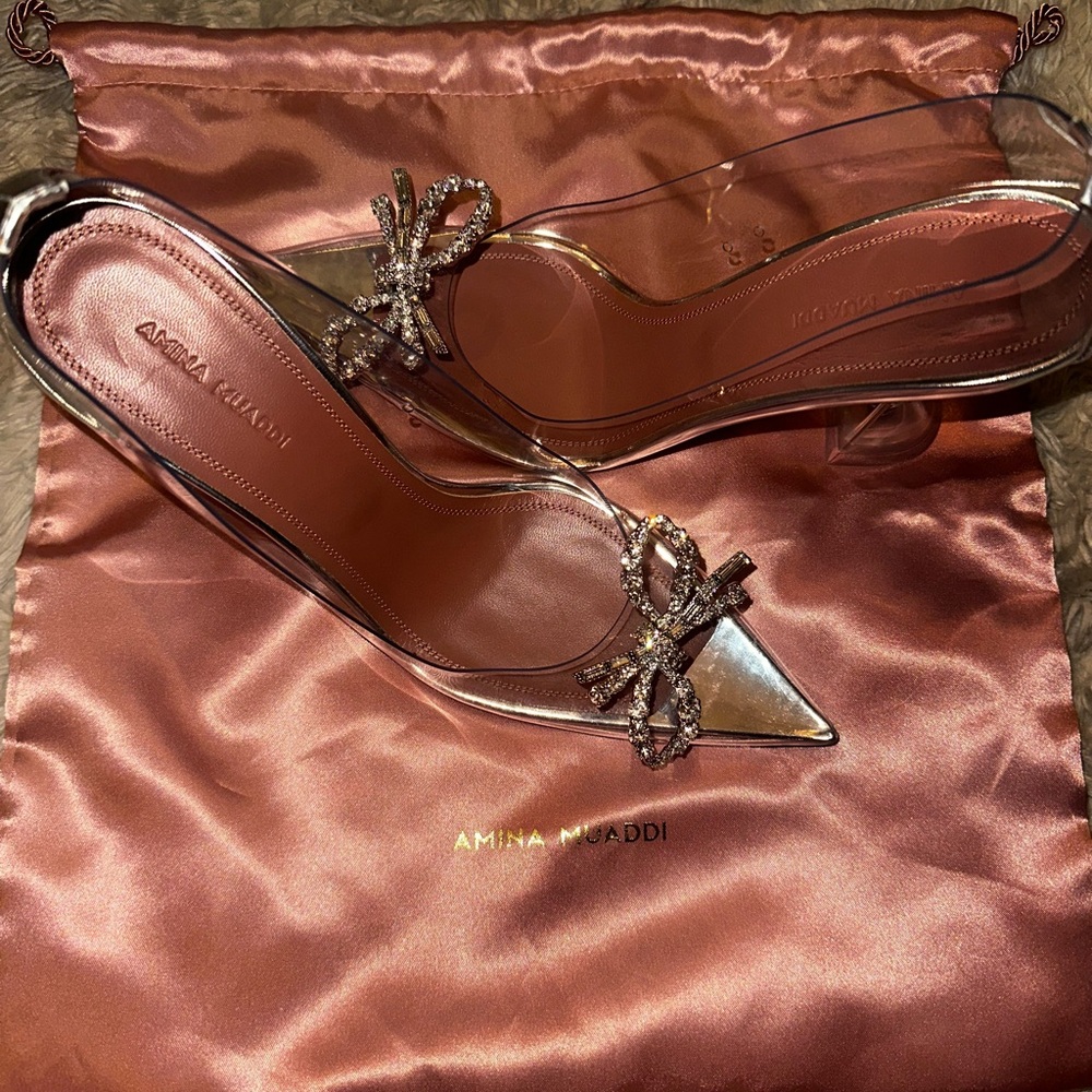 Amina Muaddi Cream and Pink Heels with Elegant Design